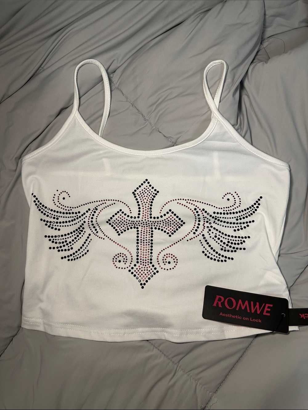 ROMWE White Rhinestone Wing Cross Spaghetti Strap Cropped Camisole